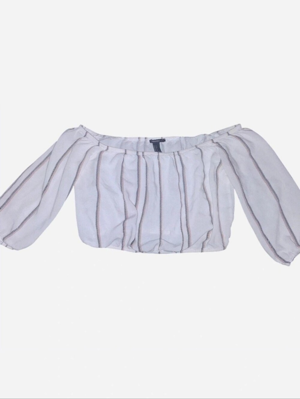 S | Forever 21 white off the shoulder crop top with brown and black pattern